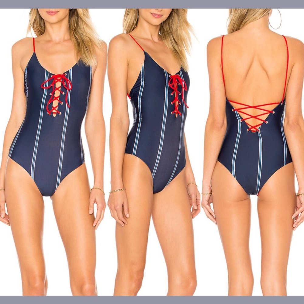 NWT TAVIK [ XS ] Monahan Lace Up Striped‎ One Piece Swimsuit Blue Red